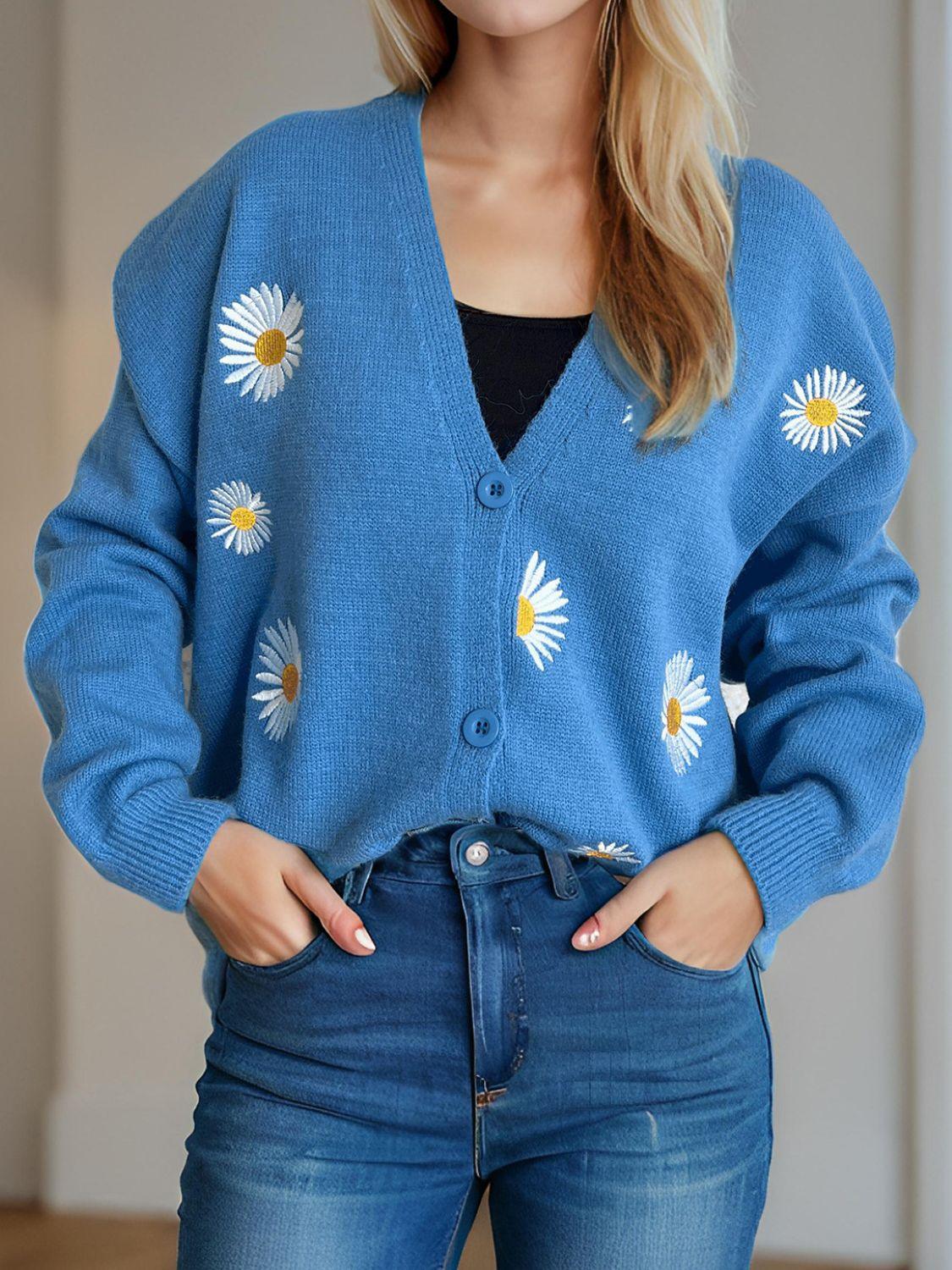 Cardigan boutonné à col en V avec motif marguerite