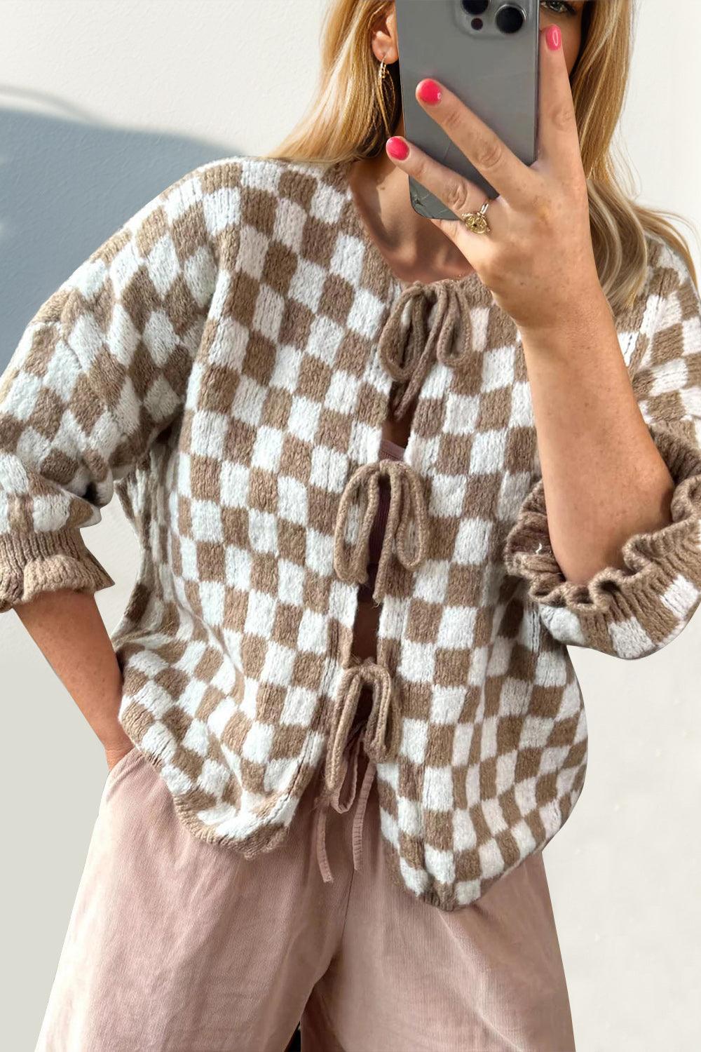 Cardigan noué à carreaux avec épaules tombantes et manches à volants Double Take