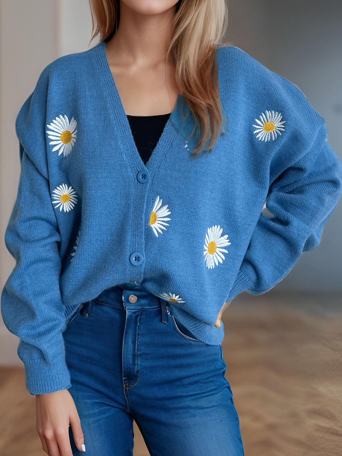 Cardigan boutonné à col en V avec motif marguerite
