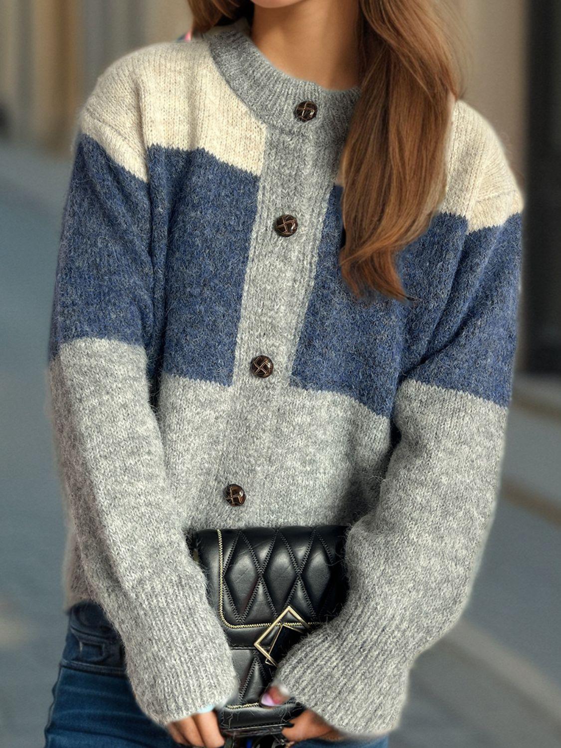 Cardigan boutonné à col rond et blocs de couleurs