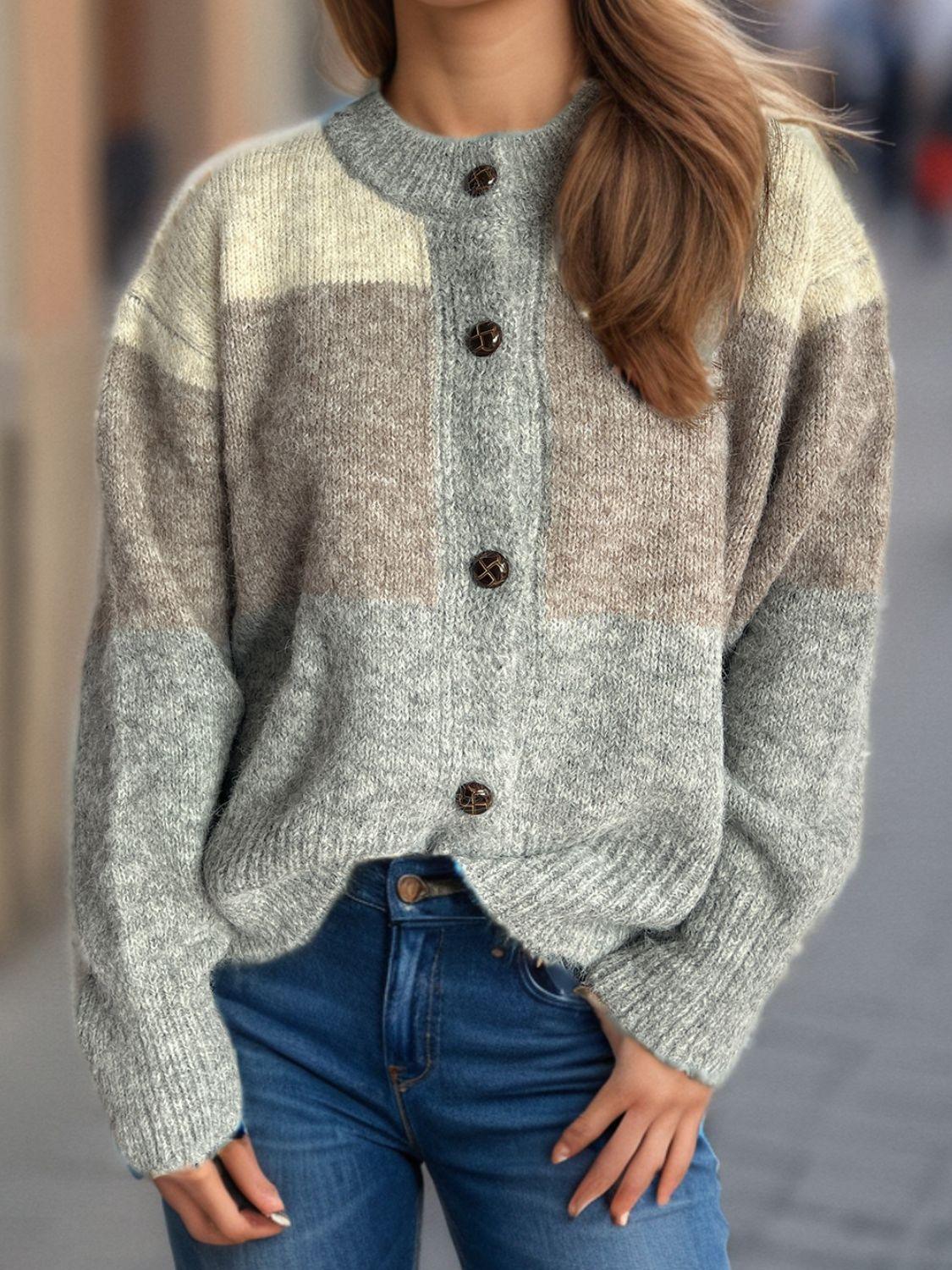 Cardigan boutonné à col rond et blocs de couleurs