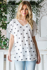T-shirt en tricot gaufré à manches courtes et col en V à imprimé étoiles Heimish