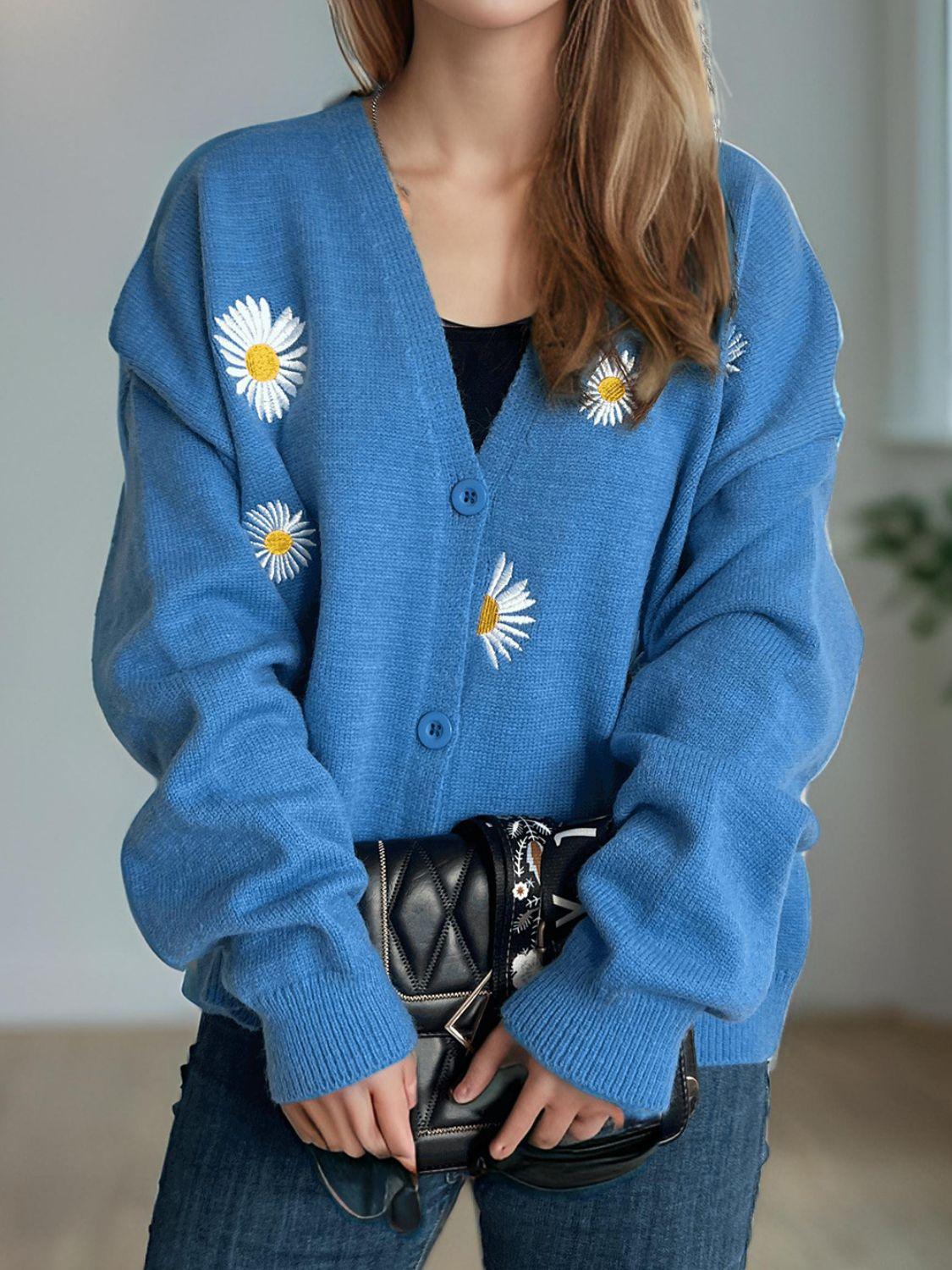 Cardigan boutonné à col en V avec motif marguerite