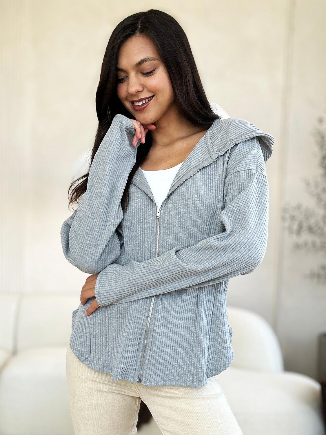 Veste à capuche pleine taille côtelée avec cordon de serrage et fermeture éclair Culture Code