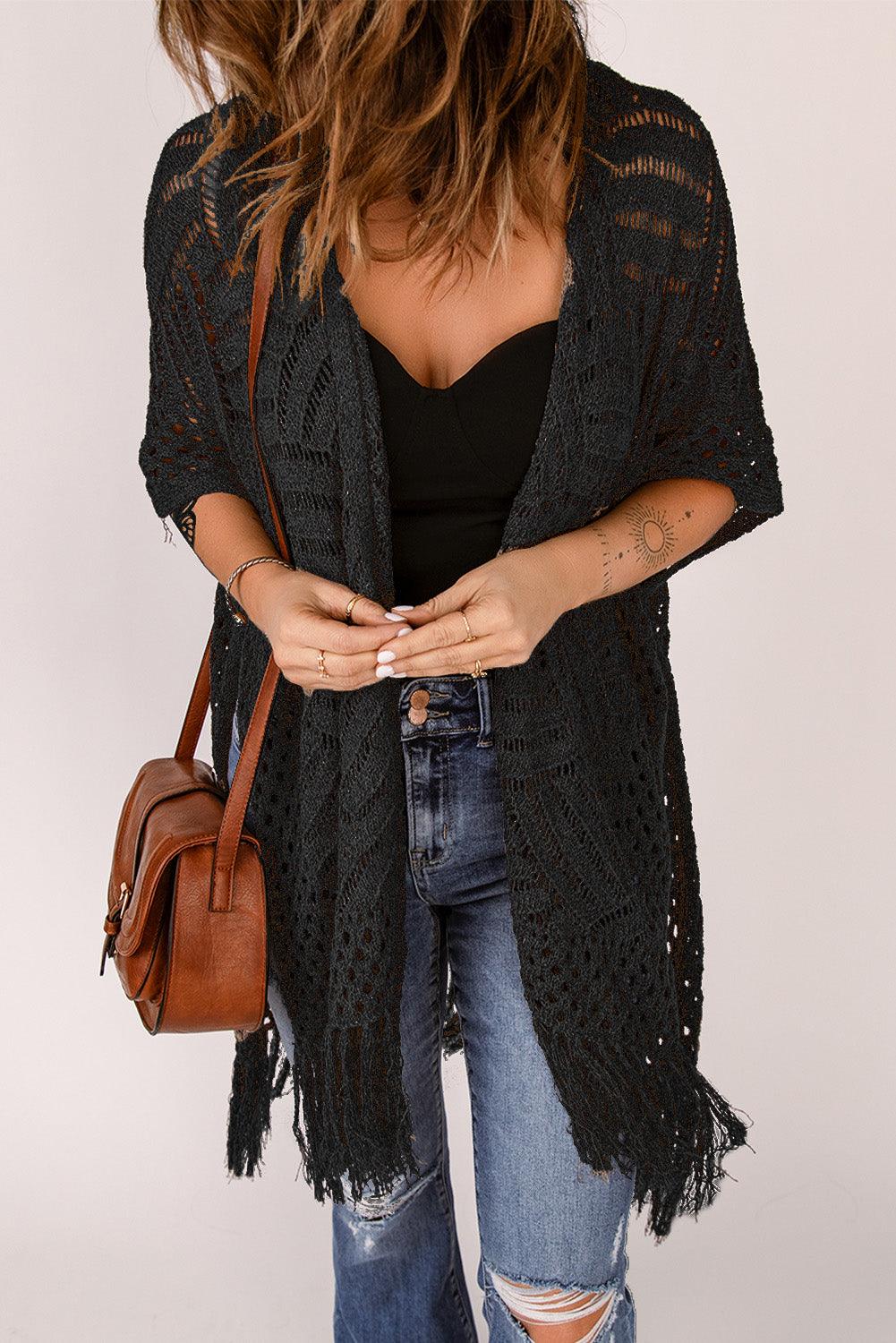 Cardigan ouvert sur le devant avec ourlet à franges et fente