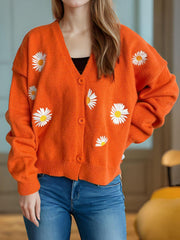 Cardigan boutonné à col en V avec motif marguerite