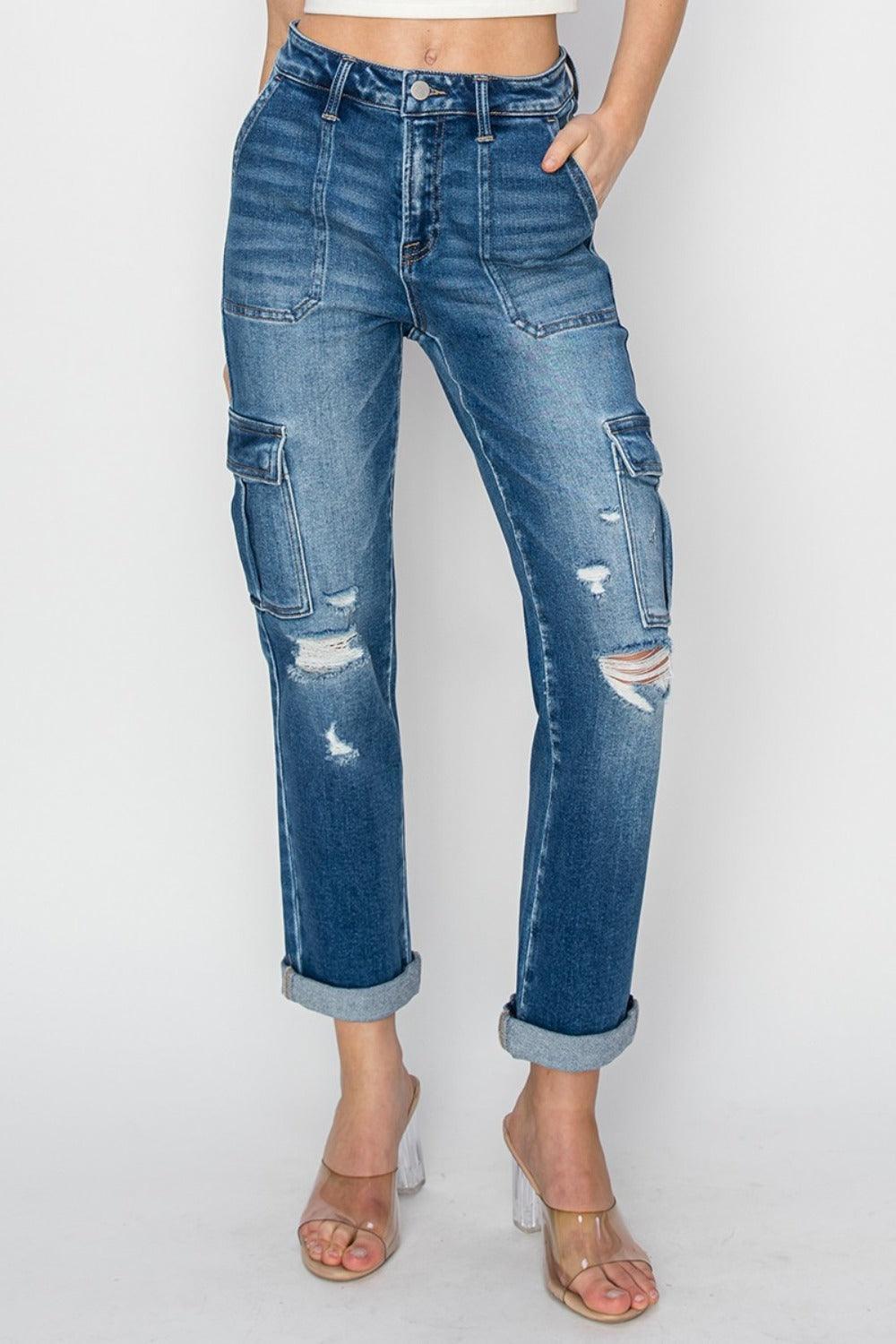 Jean cargo taille haute RISEN coupe droite avec revers à la cheville