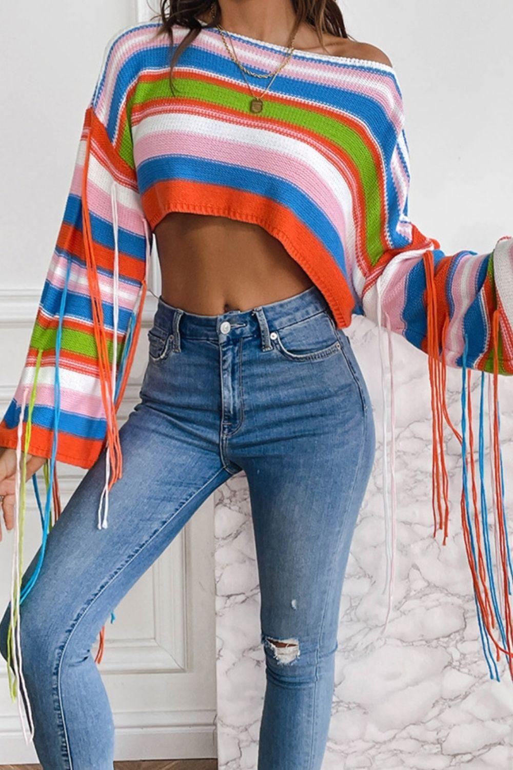 Haut en tricot à rayures et à col rond