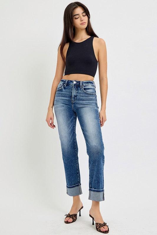 Jean droit court taille haute RISEN à revers