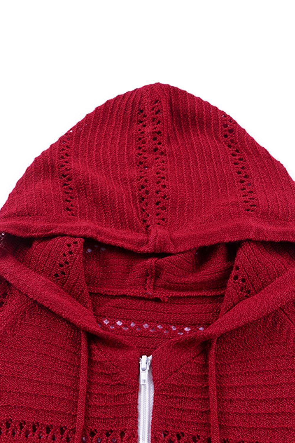 Cardigan à capuche ajouré à manches raglan et fermeture éclair