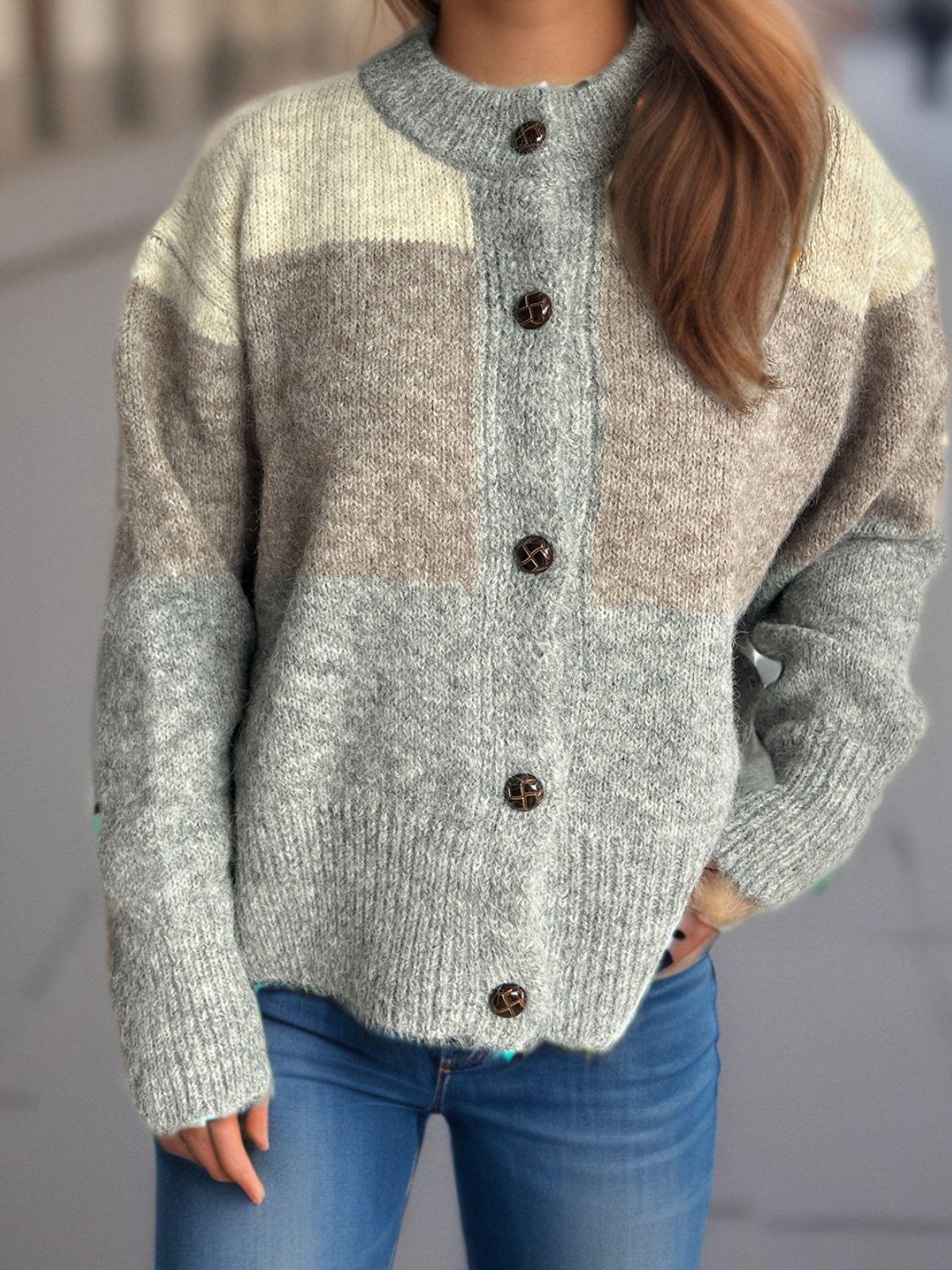 Cardigan boutonné à col rond et blocs de couleurs