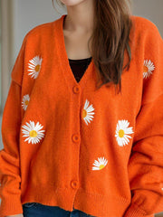 Cardigan boutonné à col en V avec motif marguerite