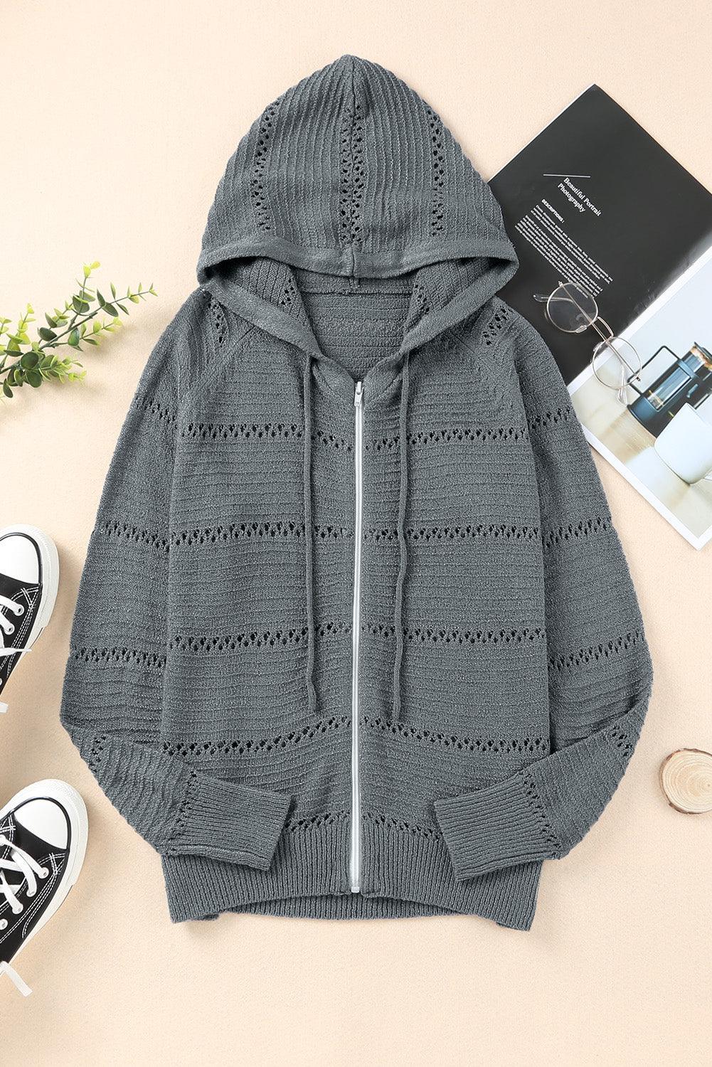 Cardigan à capuche ajouré à manches raglan et fermeture éclair