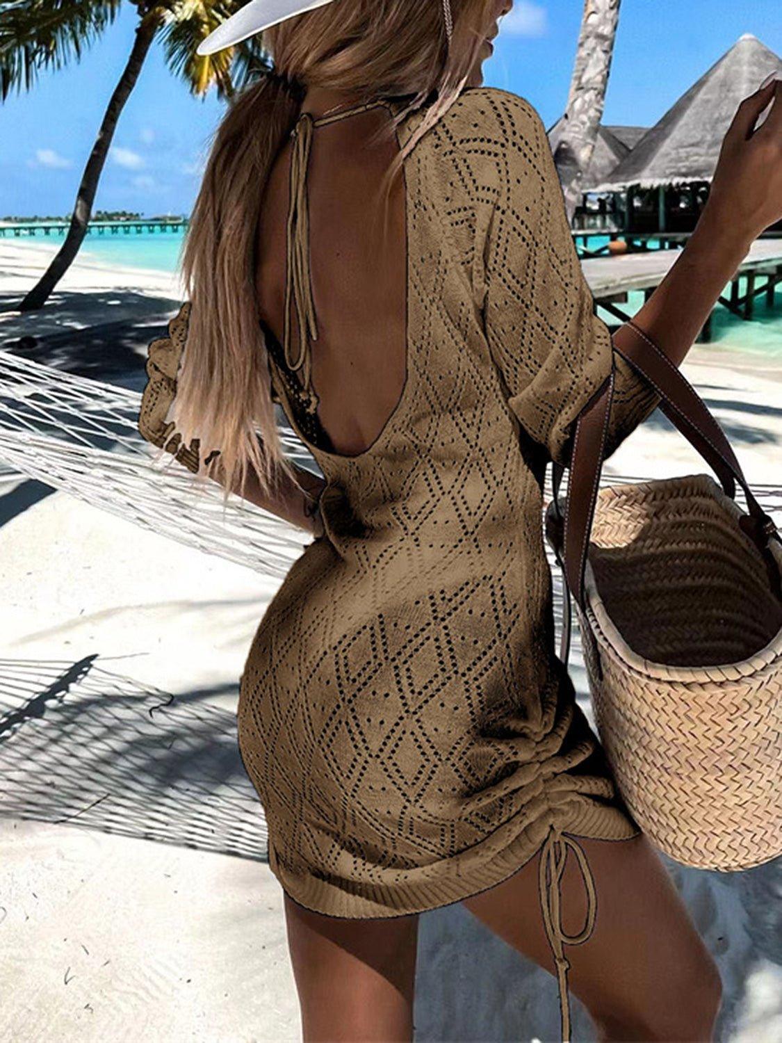 Backless Openwork Drawstring Round Neck Cover Up - Admiresty