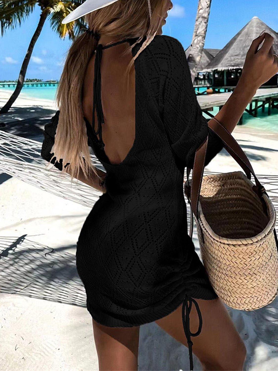 Backless Openwork Drawstring Round Neck Cover Up - Admiresty