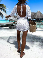 Backless Openwork Drawstring Round Neck Cover Up - Admiresty