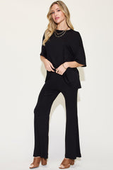 Basic Bae Full Size Bamboo Drop Shoulder T - Shirt and Flare Pants Set - Admiresty