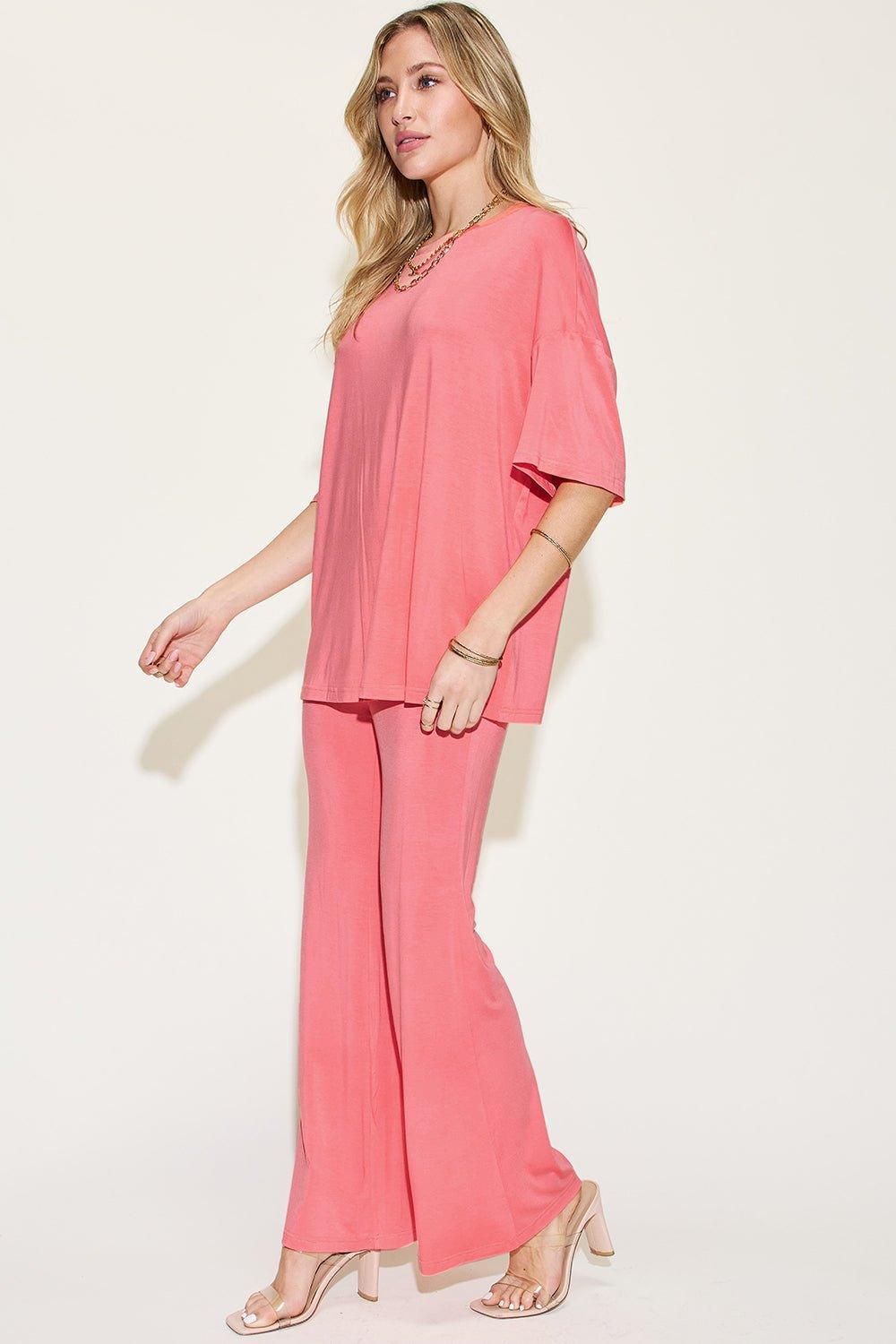 Basic Bae Full Size Bamboo Drop Shoulder T - Shirt and Flare Pants Set - Admiresty
