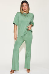Basic Bae Full Size Bamboo Drop Shoulder T - Shirt and Flare Pants Set - Admiresty