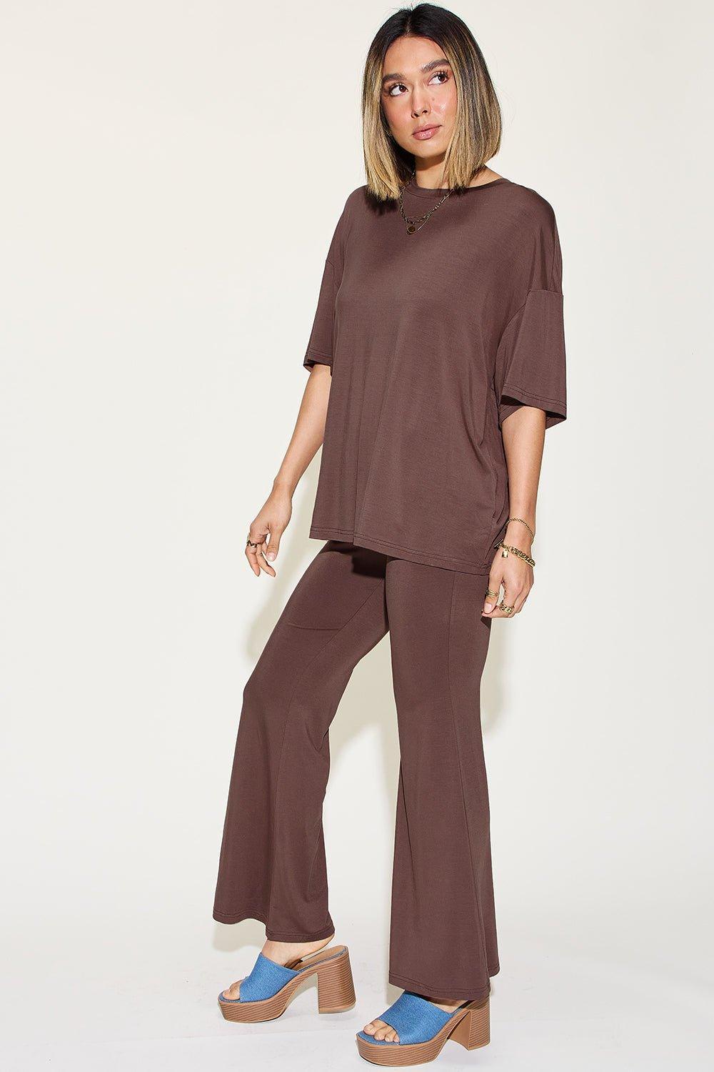 Basic Bae Full Size Bamboo Drop Shoulder T - Shirt and Flare Pants Set - Admiresty