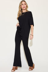 Basic Bae Full Size Bamboo Drop Shoulder T - Shirt and Flare Pants Set - Admiresty