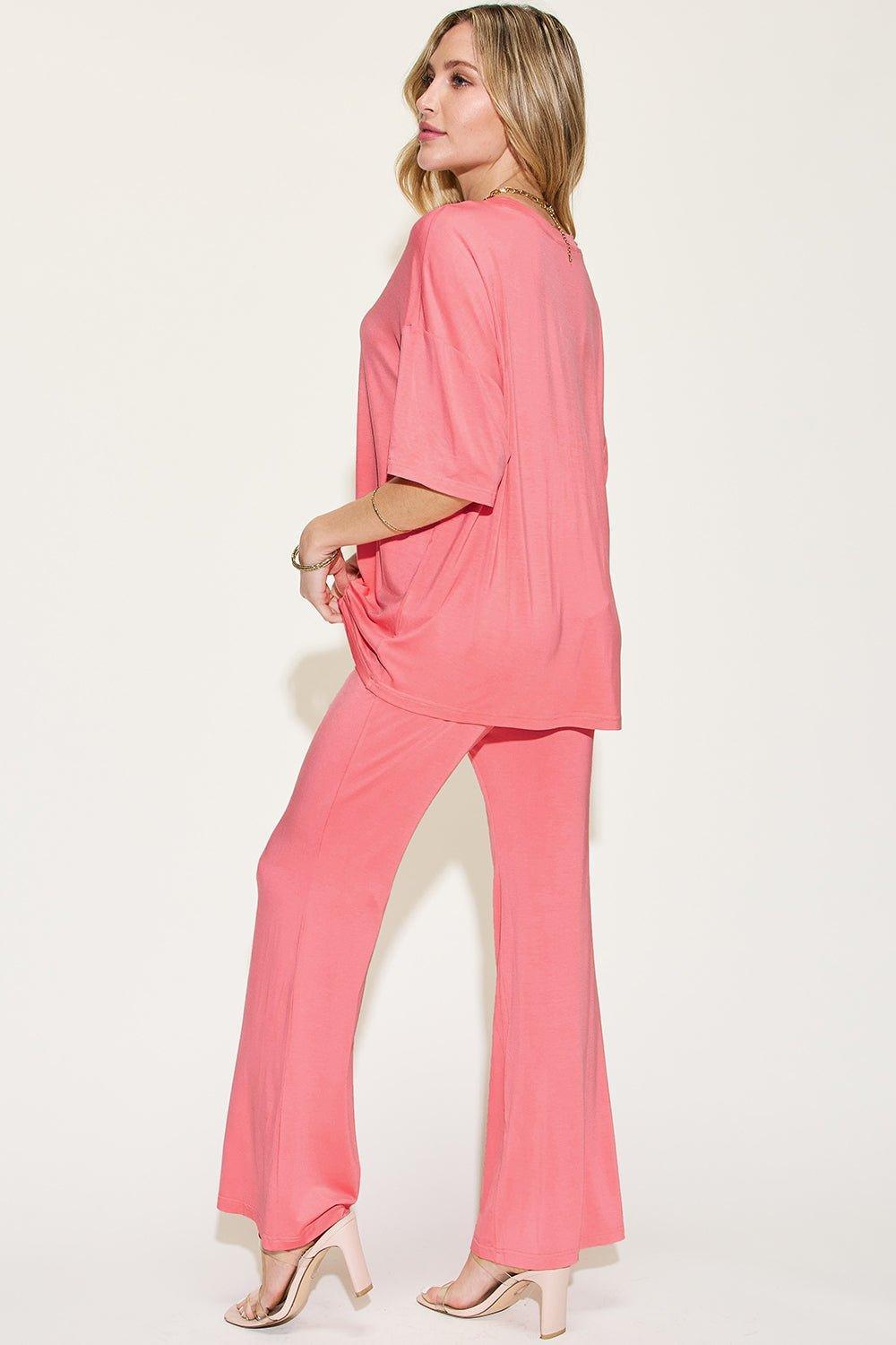 Basic Bae Full Size Bamboo Drop Shoulder T - Shirt and Flare Pants Set - Admiresty