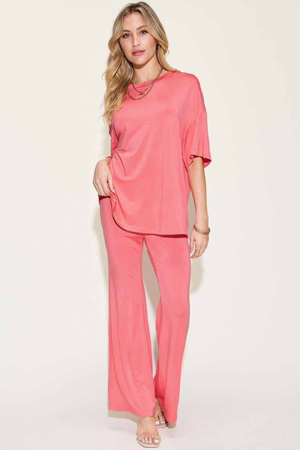 Basic Bae Full Size Bamboo Drop Shoulder T - Shirt and Flare Pants Set - Admiresty