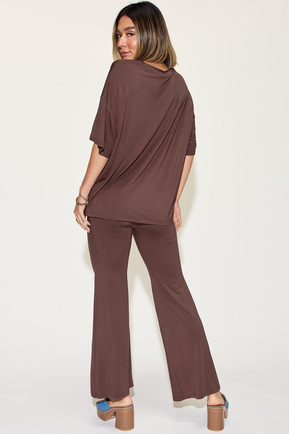 Basic Bae Full Size Bamboo Drop Shoulder T - Shirt and Flare Pants Set - Admiresty