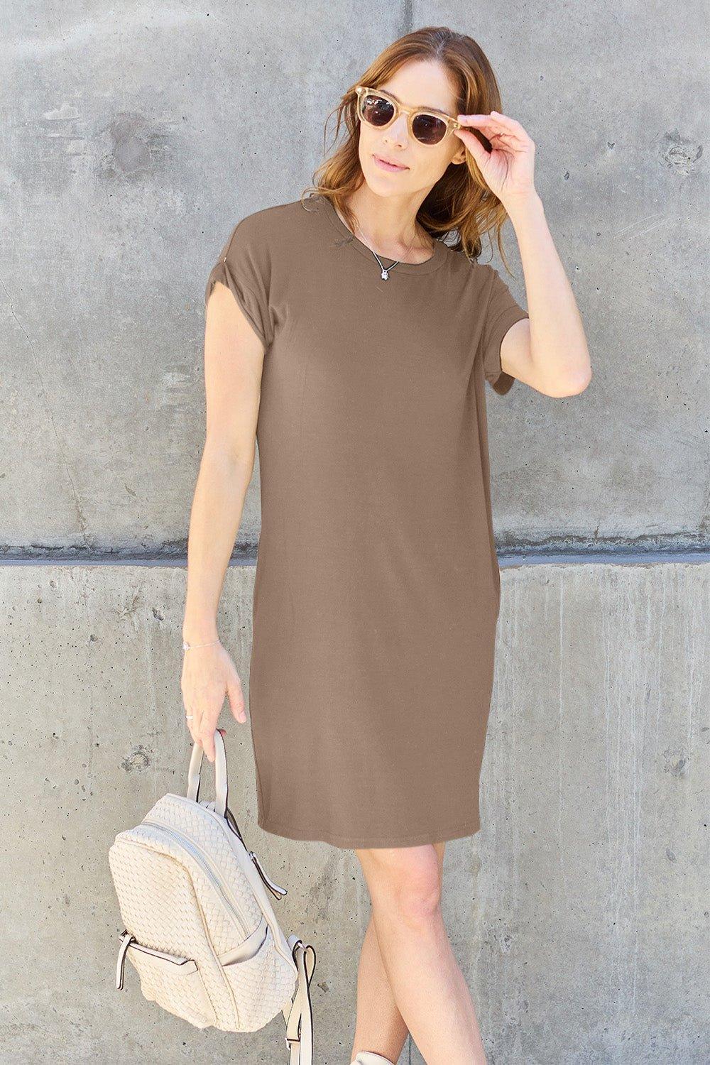 Basic Bae Full Size Round Neck Short Sleeve Dress with Pockets - Admiresty