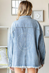 Veste en jean boutonnée à ourlet brut avec motif sourire First Love