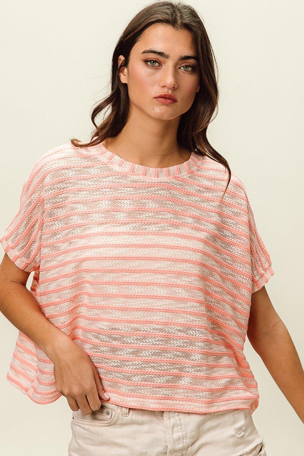 BiBi Braid Striped Short Sleeve Round Neck T - Shirt - Admiresty