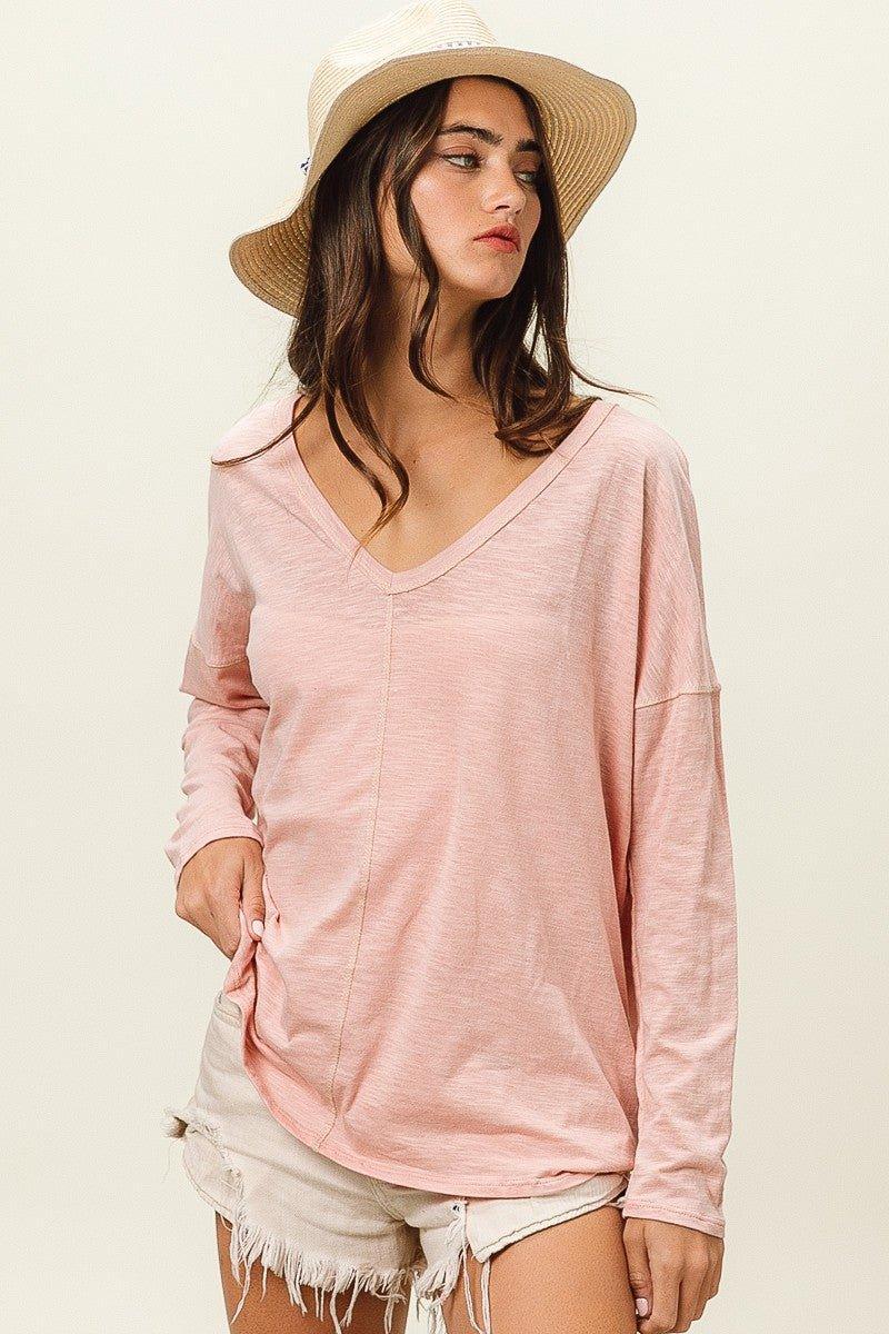 BiBi Exposed Seam V - Neck Long Sleeve T - Shirt - Admiresty