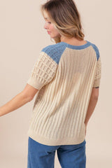 BiBi Textured Contrast Short Sleeve Sweater - Admiresty