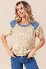 BiBi Textured Contrast Short Sleeve Sweater - Admiresty