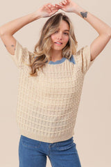 BiBi Textured Contrast Short Sleeve Sweater - Admiresty