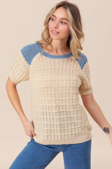 BiBi Textured Contrast Short Sleeve Sweater - Admiresty