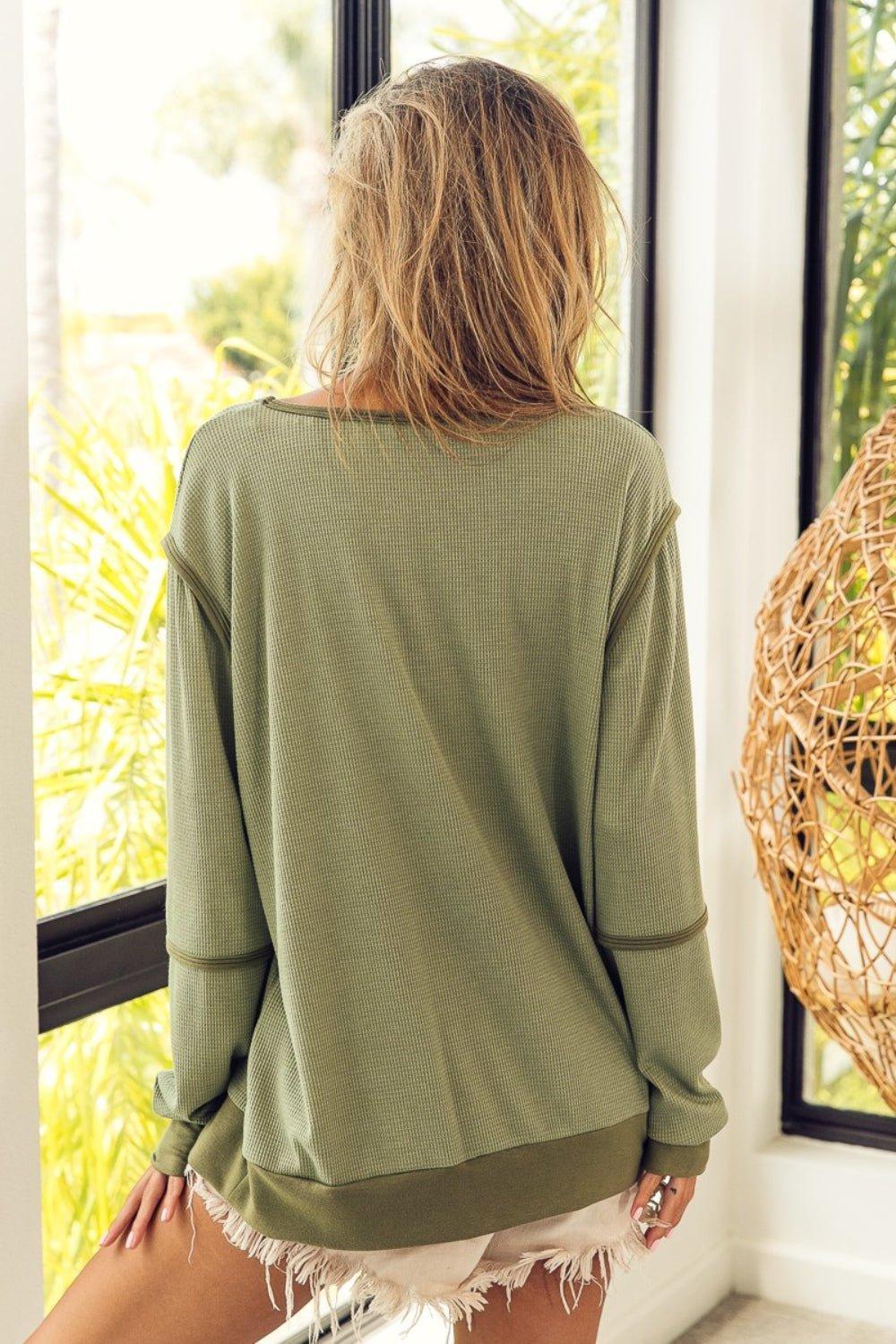 BiBi Waffle Knit Contrast Trim Long Sleeve T - Shirt - Admiresty