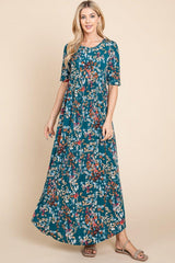 BOMBOM Printed Shirred Maxi Dress - Admiresty