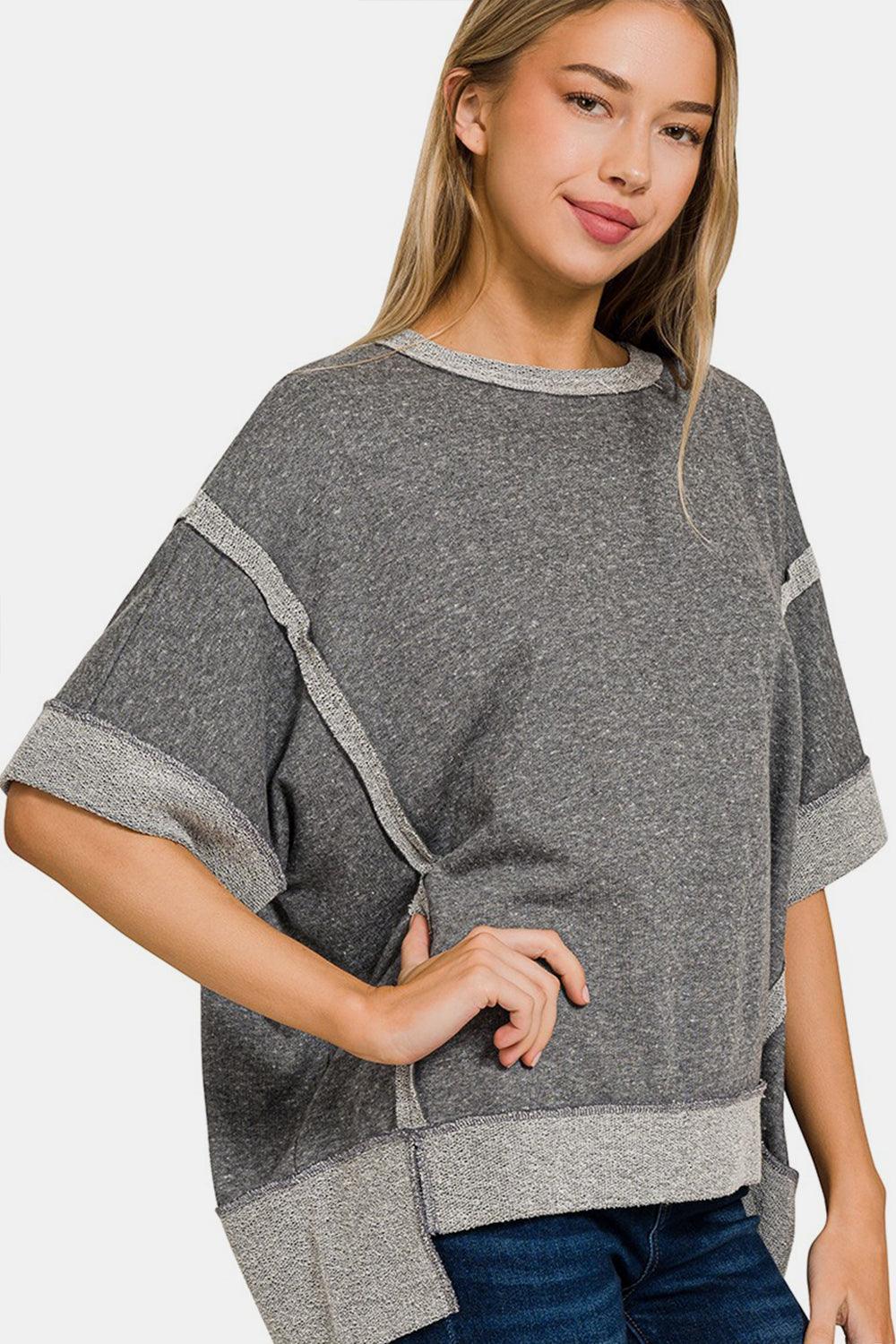 T-shirt à épaules tombantes et bordure contrastante Zenana