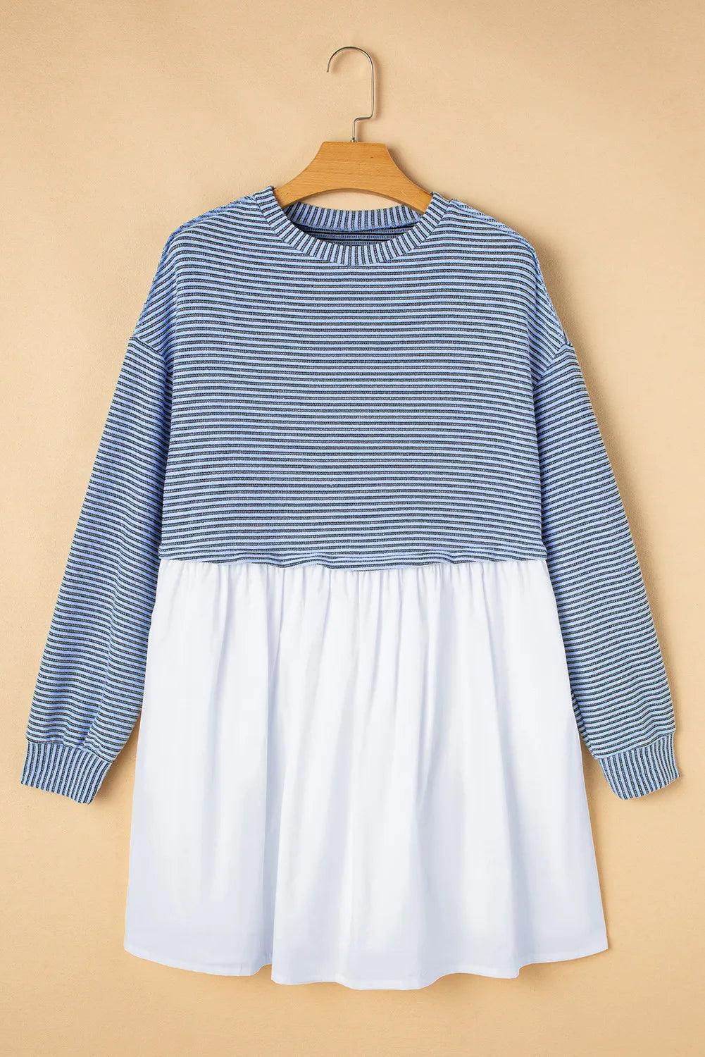 Mini-robe rayée à manches longues et col rond