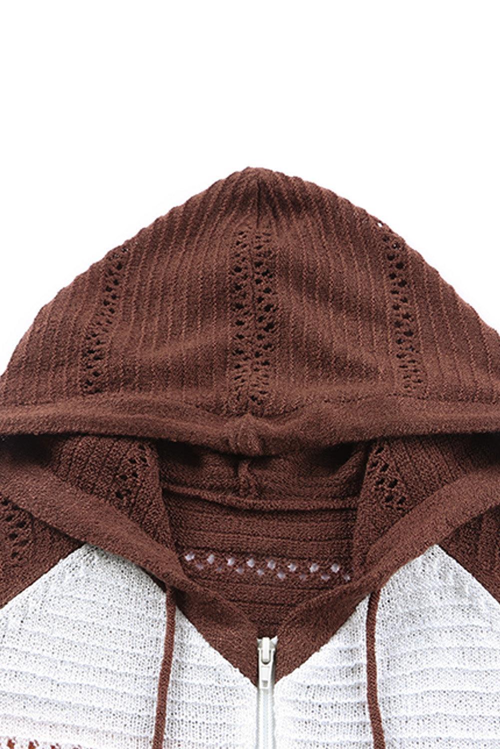 Cardigan à capuche ajouré à manches raglan et fermeture éclair