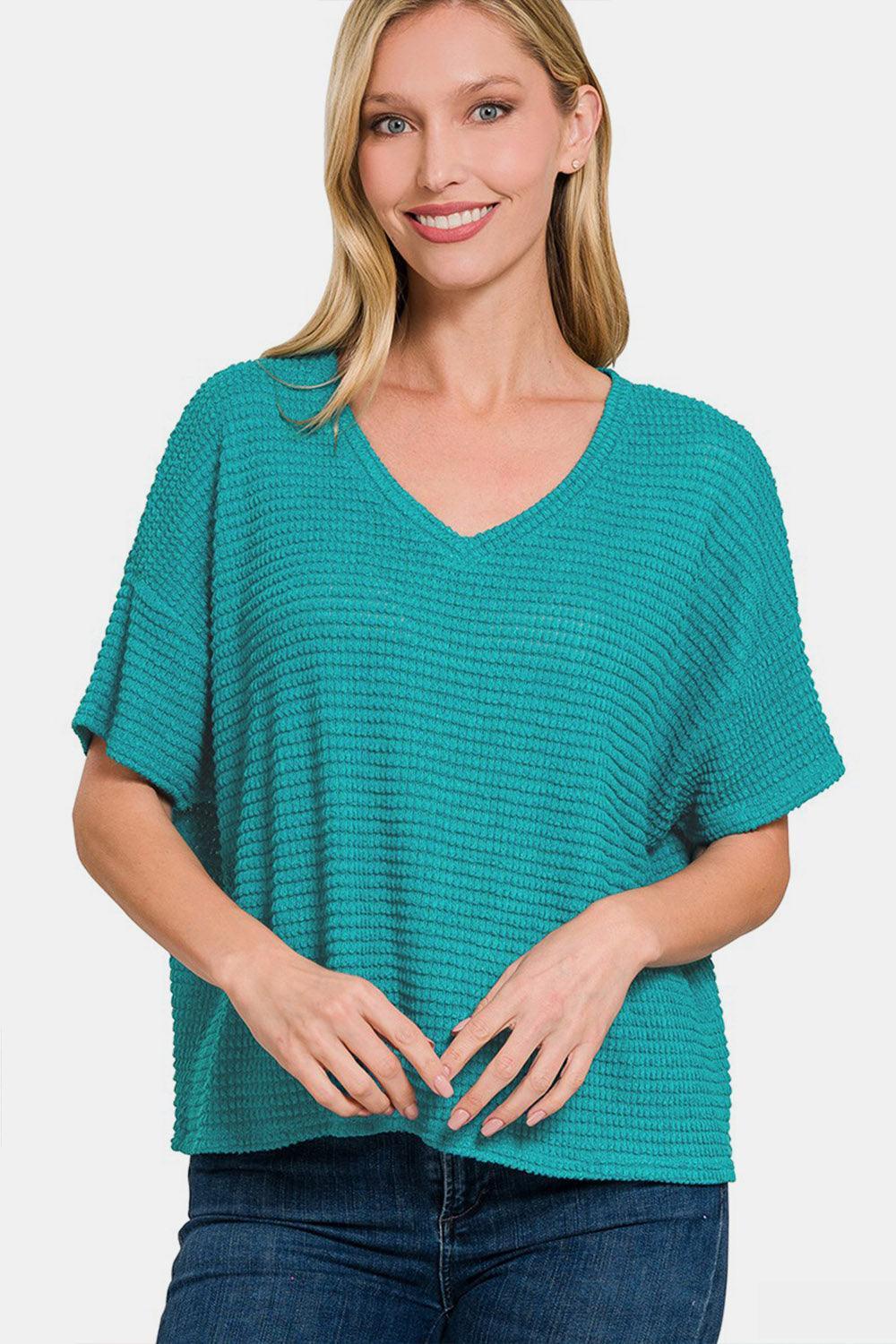 Haut en tricot jacquard à manches courtes et épaules tombantes Zenana