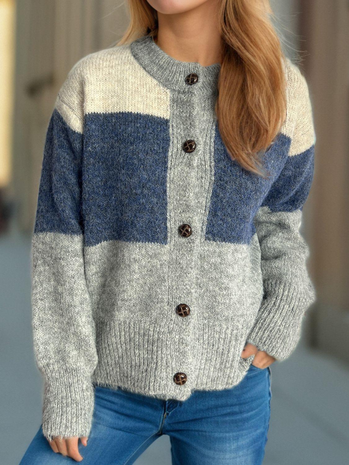 Cardigan boutonné à col rond et blocs de couleurs