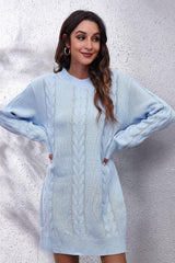 Cable - Knit Round Neck Sweater Dress - Admiresty