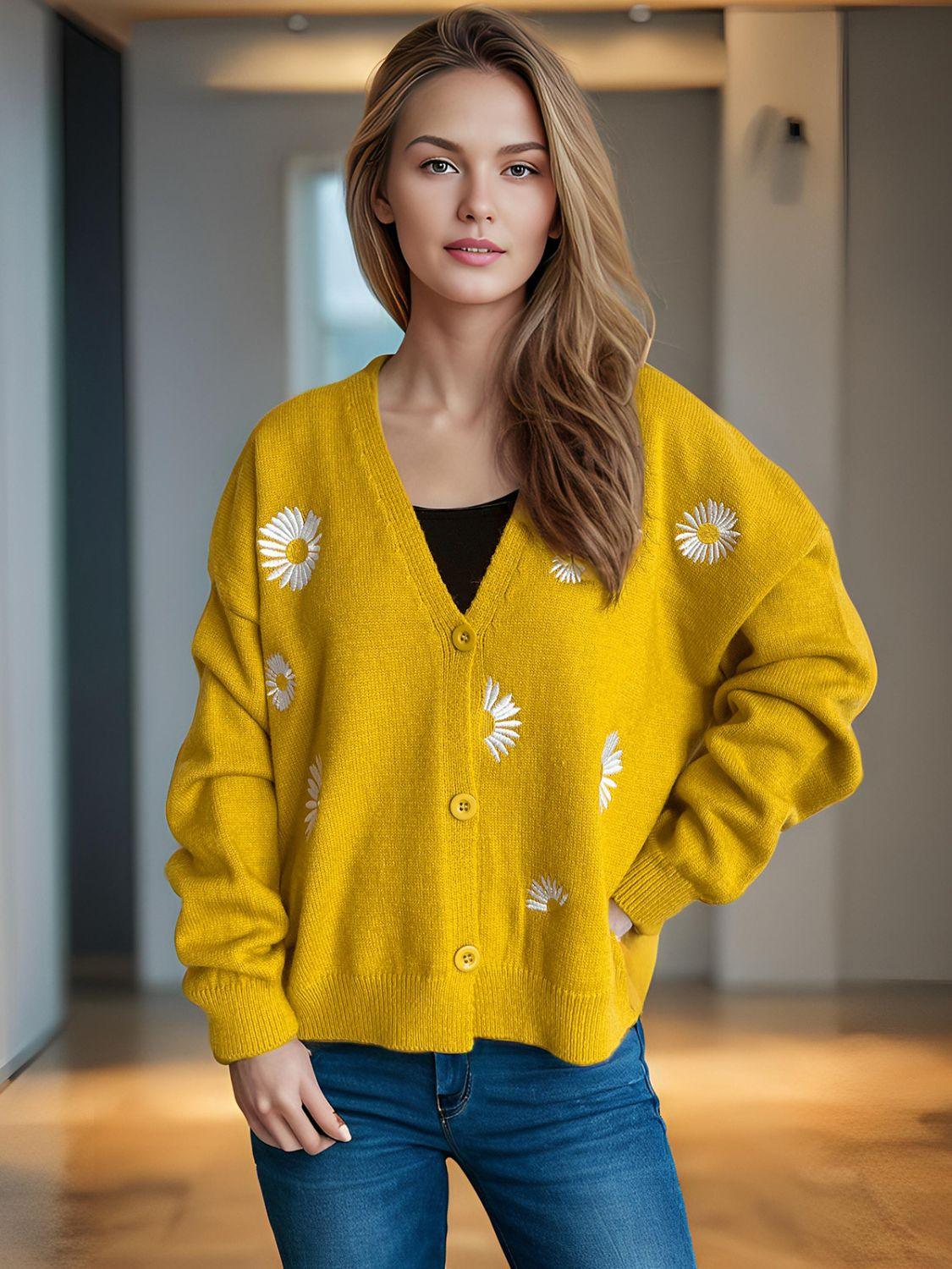 Cardigan boutonné à col en V avec motif marguerite