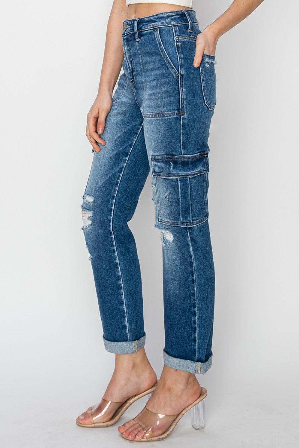 Jean cargo taille haute RISEN coupe droite avec revers à la cheville