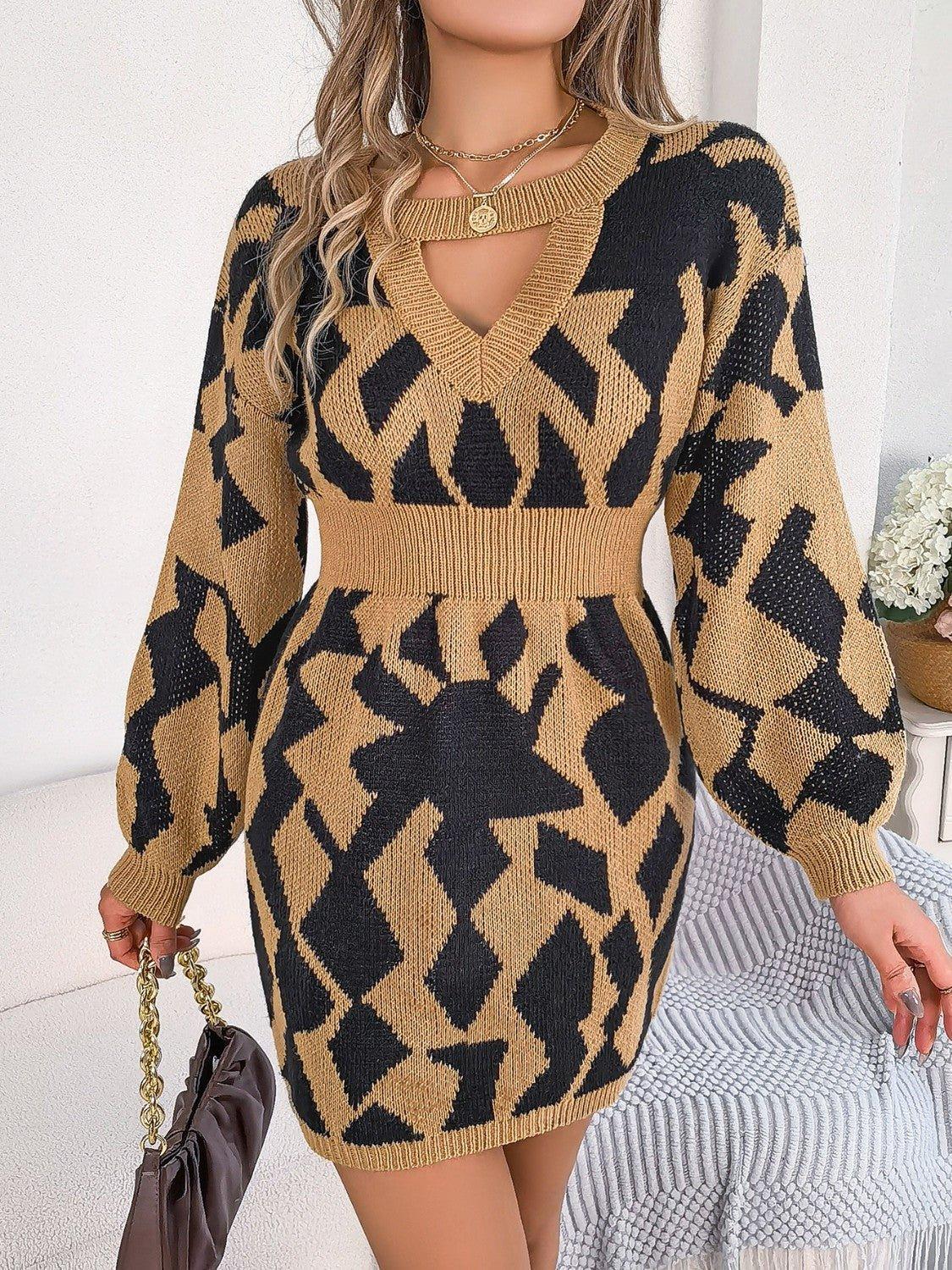 Contrast Round Neck Cutout Long Sleeve Mini Sweater Dress - Admiresty