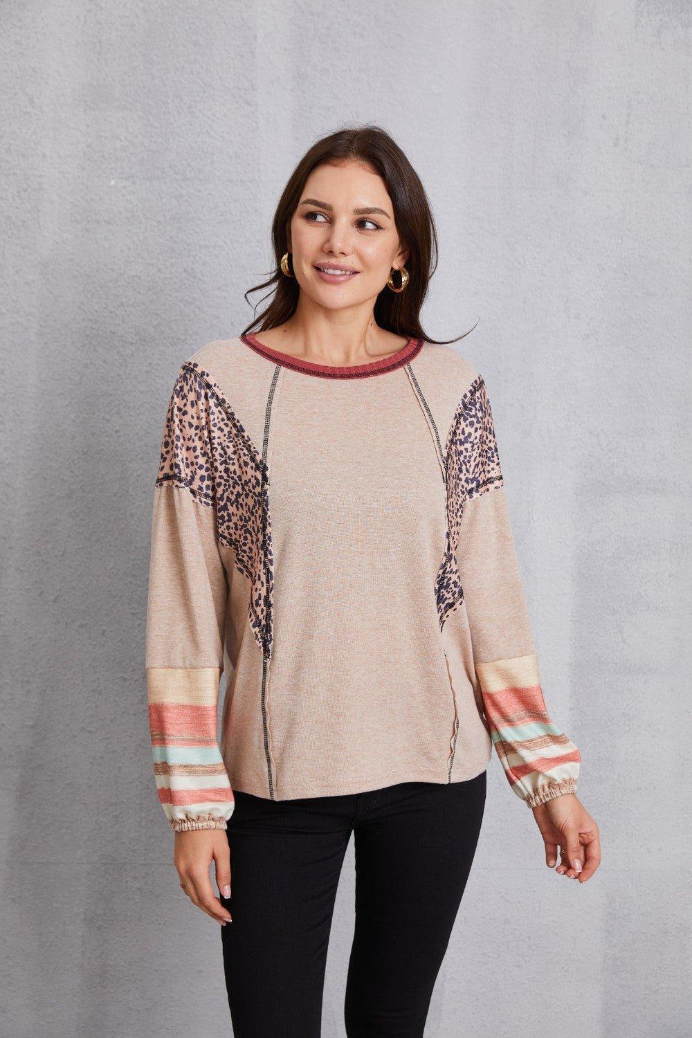 Contrast Stitching Leopard Long Sleeve Blouse - Admiresty