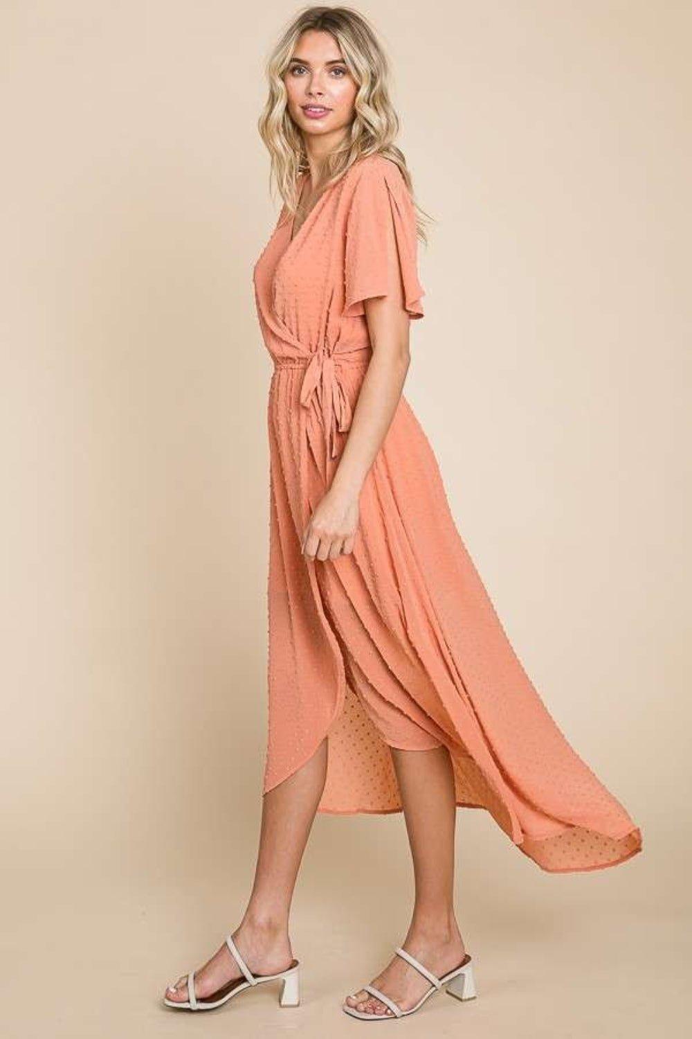Culture Code Full Size Swiss Dot Tied Slit Short Sleeve Dress - Admiresty