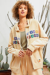 Veste à capuche zippée à motif de patch carré contrasté POL